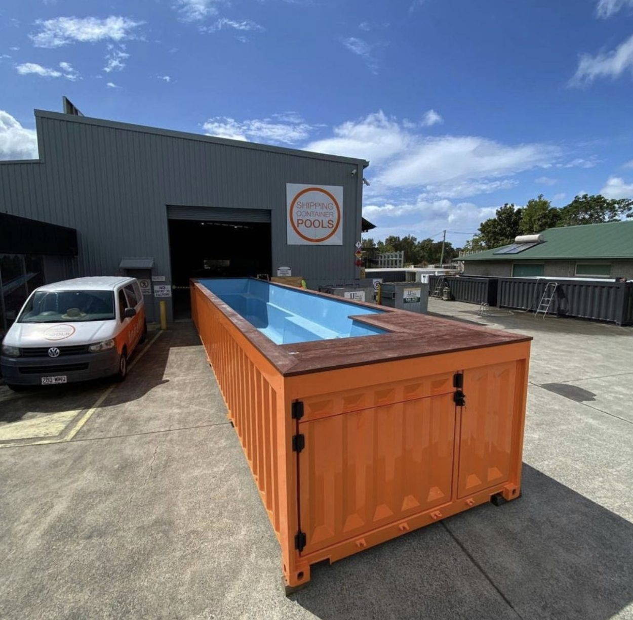 Orange 40ft Shipping Container Pool – Modular Steel Swimming Pool with Integrated Filtration System
